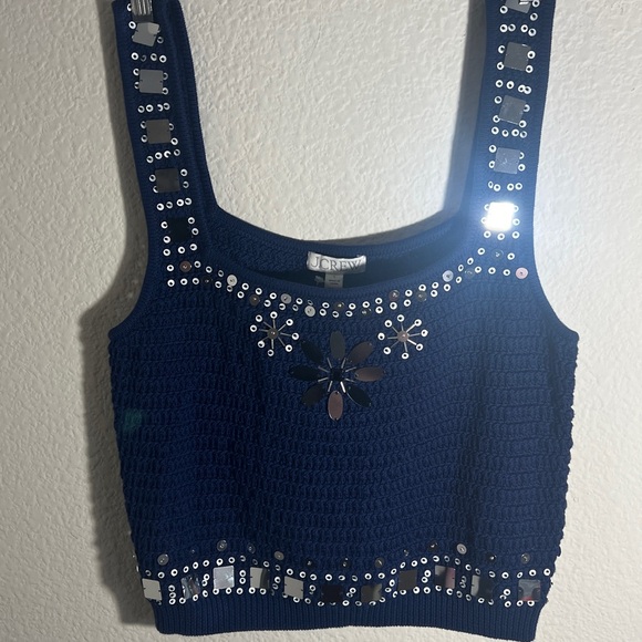 J. Crew Sweater-tank Sz L hand-embellished mirrors Navy Blue Crochet Floral Top - Picture 3 of 7